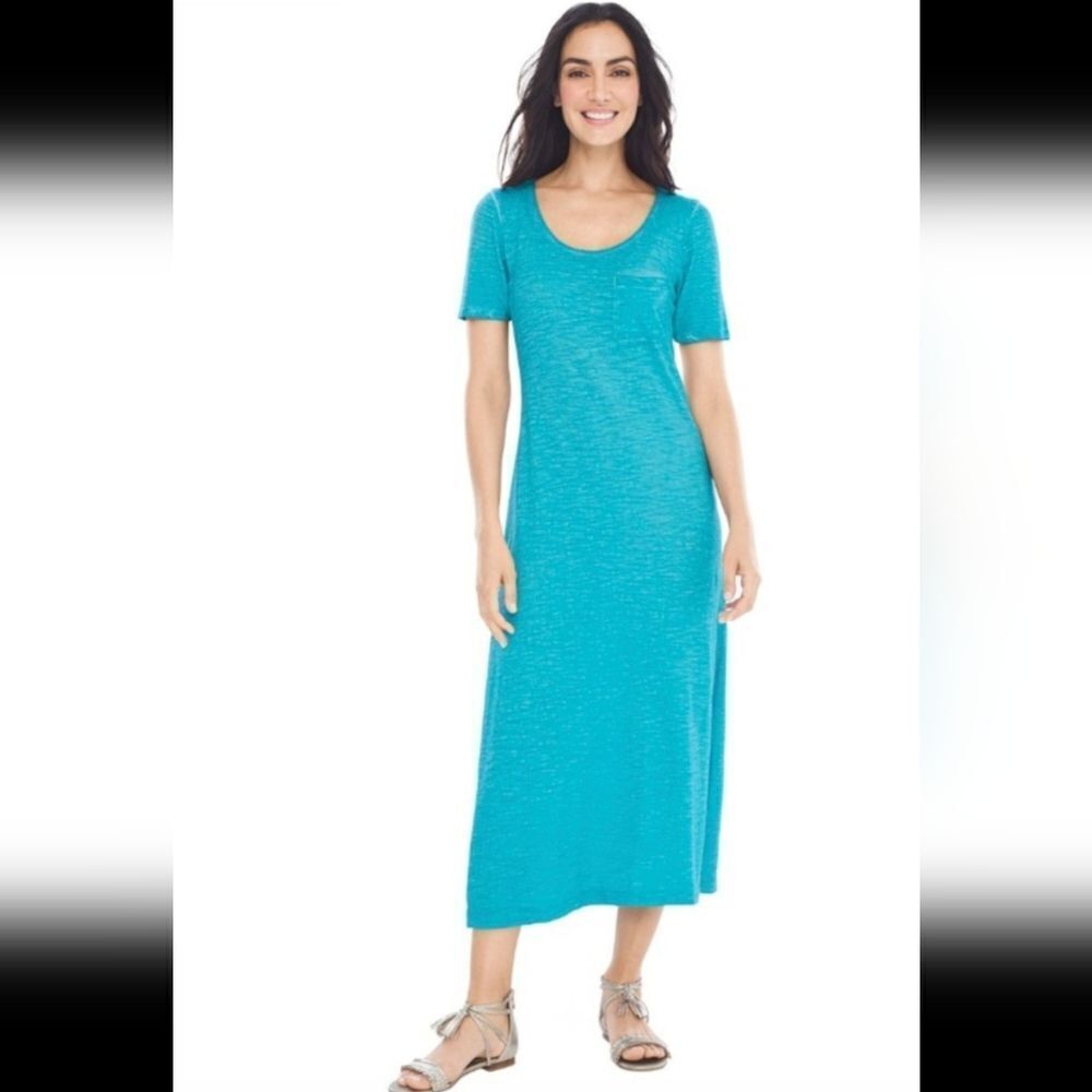 NWT Chico's Cotton Slub T-shirt Midi Dress Solid Blue Isle Size Large